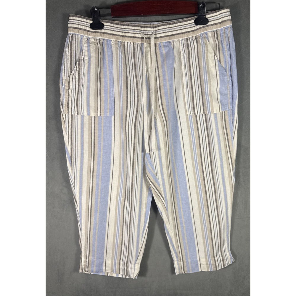 LAND 'n SEA Linen Rayon Striped Pull‎ On Pants Cropped Blue Beige Cream XL